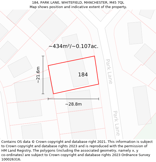 184, PARK LANE, WHITEFIELD, MANCHESTER, M45 7QL: Plot and title map