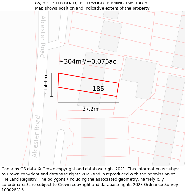 185, ALCESTER ROAD, HOLLYWOOD, BIRMINGHAM, B47 5HE: Plot and title map