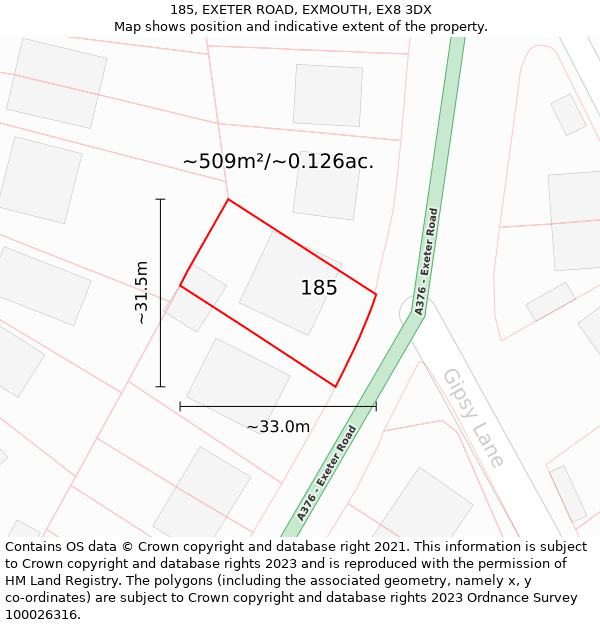 185, EXETER ROAD, EXMOUTH, EX8 3DX: Plot and title map