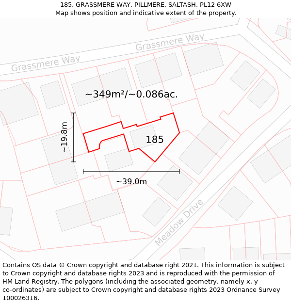 185, GRASSMERE WAY, PILLMERE, SALTASH, PL12 6XW: Plot and title map