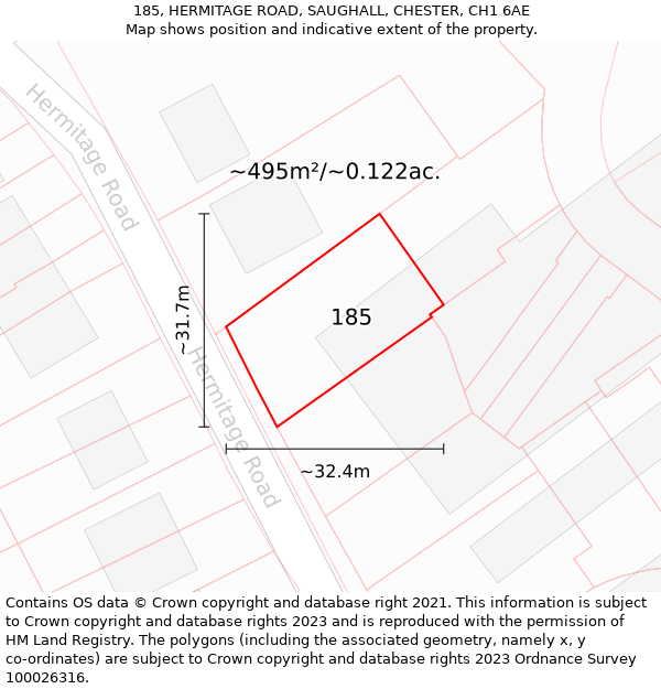 185, HERMITAGE ROAD, SAUGHALL, CHESTER, CH1 6AE: Plot and title map