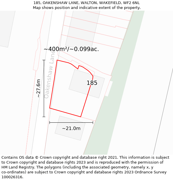 185, OAKENSHAW LANE, WALTON, WAKEFIELD, WF2 6NL: Plot and title map