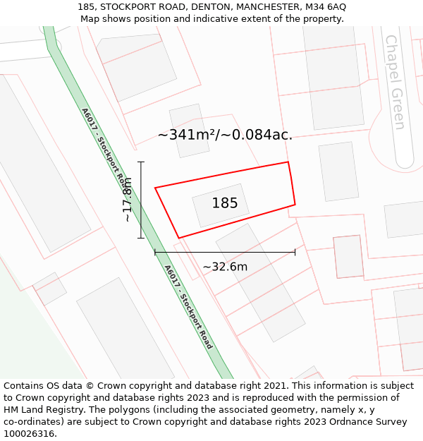 185, STOCKPORT ROAD, DENTON, MANCHESTER, M34 6AQ: Plot and title map