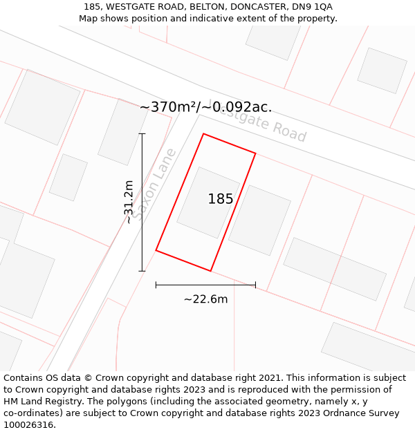 185, WESTGATE ROAD, BELTON, DONCASTER, DN9 1QA: Plot and title map