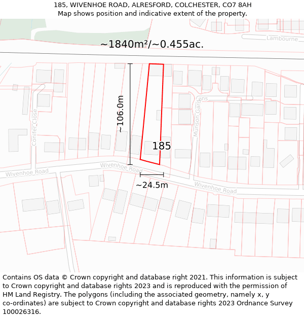 185, WIVENHOE ROAD, ALRESFORD, COLCHESTER, CO7 8AH: Plot and title map