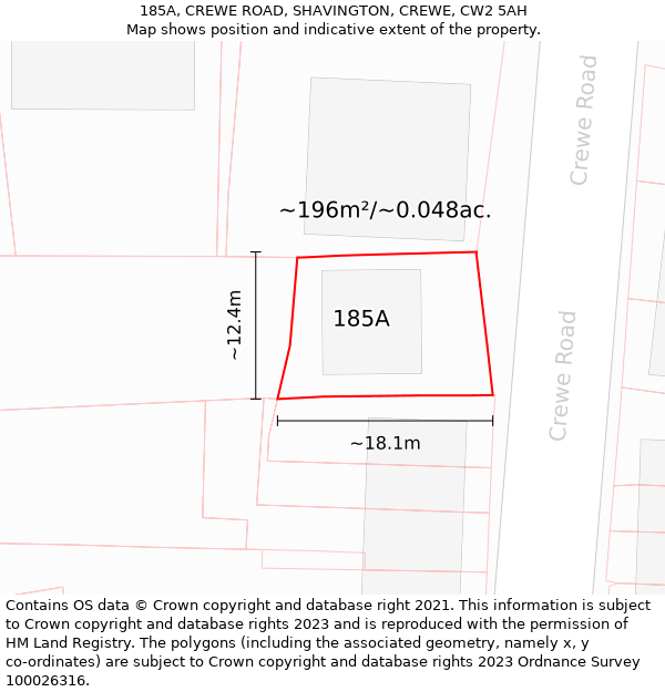 185A, CREWE ROAD, SHAVINGTON, CREWE, CW2 5AH: Plot and title map