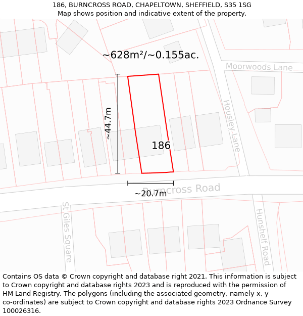 186, BURNCROSS ROAD, CHAPELTOWN, SHEFFIELD, S35 1SG: Plot and title map