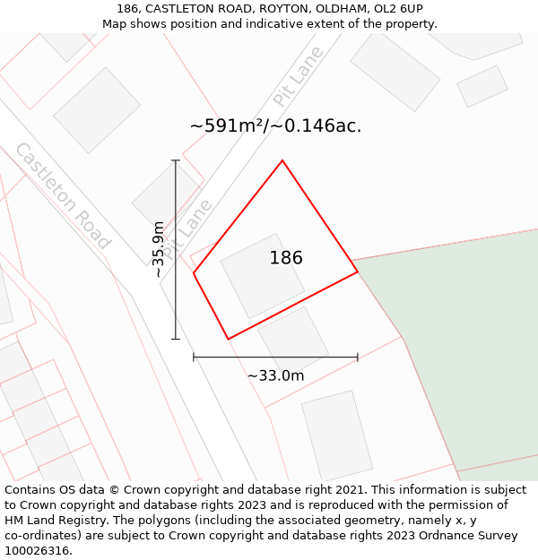 186, CASTLETON ROAD, ROYTON, OLDHAM, OL2 6UP: Plot and title map