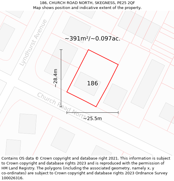 186, CHURCH ROAD NORTH, SKEGNESS, PE25 2QF: Plot and title map