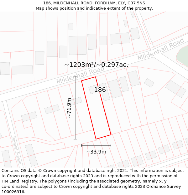 186, MILDENHALL ROAD, FORDHAM, ELY, CB7 5NS: Plot and title map