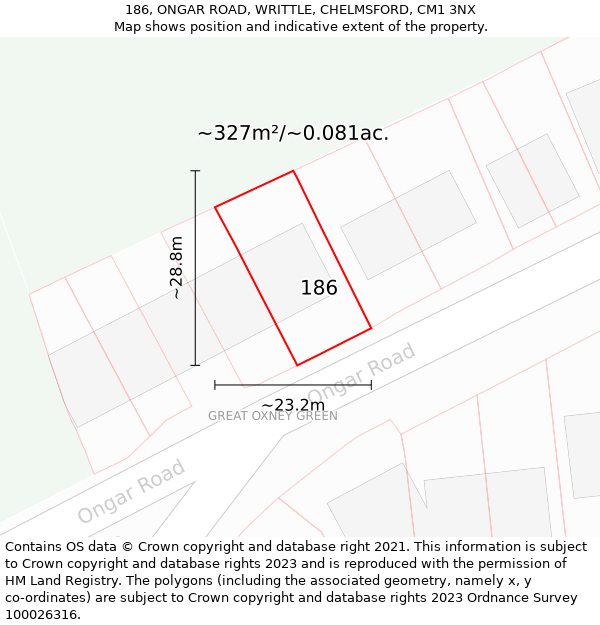 186, ONGAR ROAD, WRITTLE, CHELMSFORD, CM1 3NX: Plot and title map