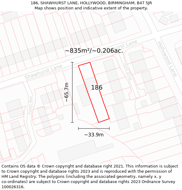 186, SHAWHURST LANE, HOLLYWOOD, BIRMINGHAM, B47 5JR: Plot and title map