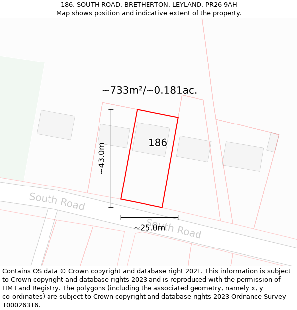 186, SOUTH ROAD, BRETHERTON, LEYLAND, PR26 9AH: Plot and title map