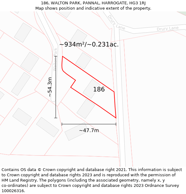 186, WALTON PARK, PANNAL, HARROGATE, HG3 1RJ: Plot and title map