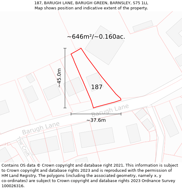 187, BARUGH LANE, BARUGH GREEN, BARNSLEY, S75 1LL: Plot and title map