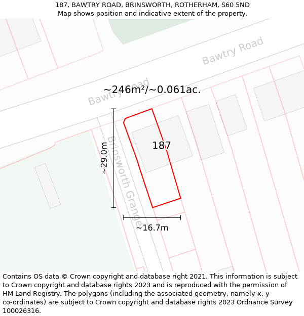 187, BAWTRY ROAD, BRINSWORTH, ROTHERHAM, S60 5ND: Plot and title map