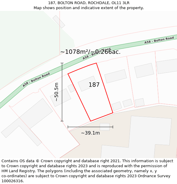 187, BOLTON ROAD, ROCHDALE, OL11 3LR: Plot and title map