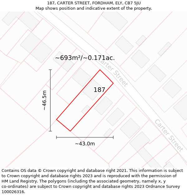 187, CARTER STREET, FORDHAM, ELY, CB7 5JU: Plot and title map