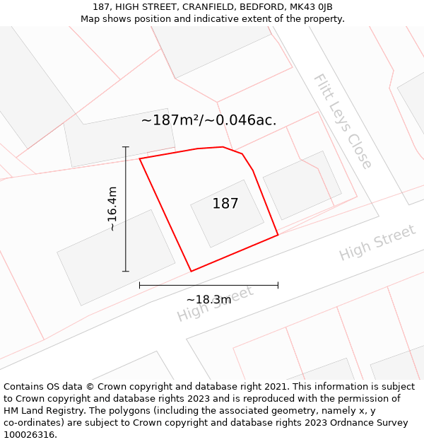 187, HIGH STREET, CRANFIELD, BEDFORD, MK43 0JB: Plot and title map