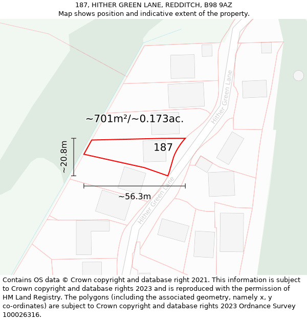 187, HITHER GREEN LANE, REDDITCH, B98 9AZ: Plot and title map