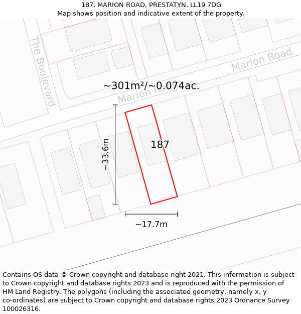 187, MARION ROAD, PRESTATYN, LL19 7DG: Plot and title map