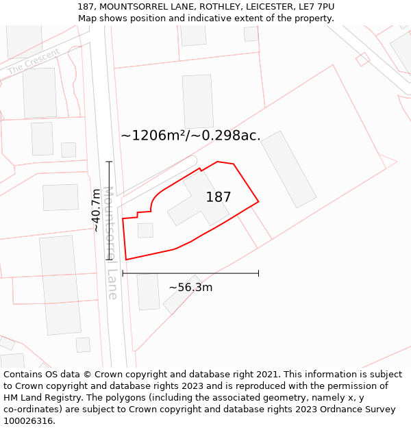 187, MOUNTSORREL LANE, ROTHLEY, LEICESTER, LE7 7PU: Plot and title map