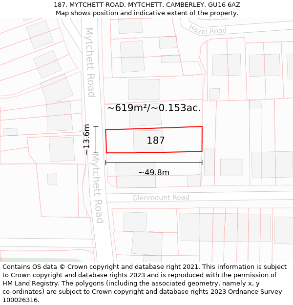 187, MYTCHETT ROAD, MYTCHETT, CAMBERLEY, GU16 6AZ: Plot and title map