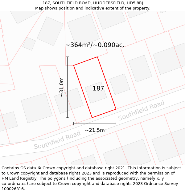 187, SOUTHFIELD ROAD, HUDDERSFIELD, HD5 8RJ: Plot and title map