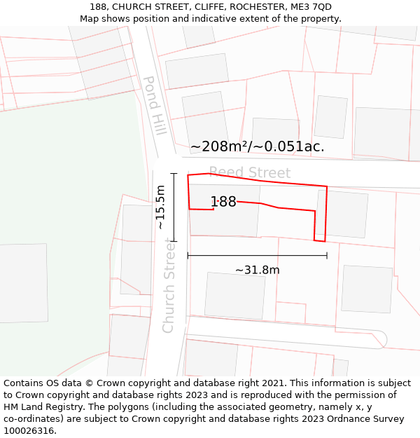 188, CHURCH STREET, CLIFFE, ROCHESTER, ME3 7QD: Plot and title map