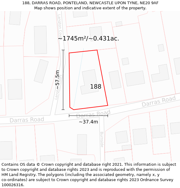 188, DARRAS ROAD, PONTELAND, NEWCASTLE UPON TYNE, NE20 9AF: Plot and title map