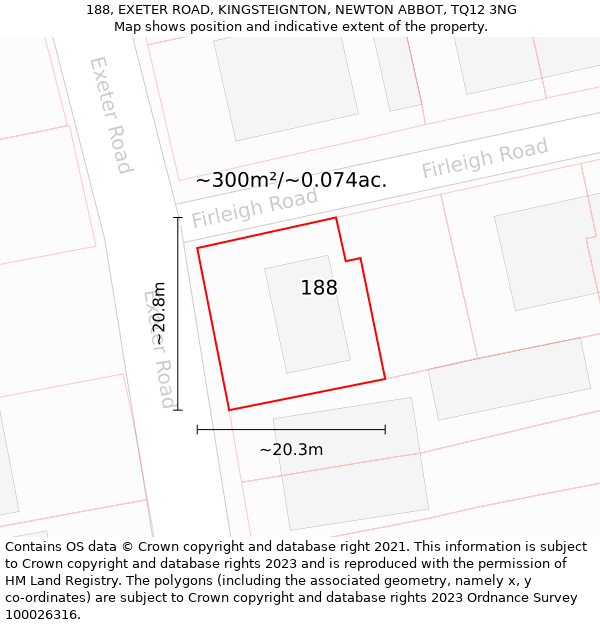 188, EXETER ROAD, KINGSTEIGNTON, NEWTON ABBOT, TQ12 3NG: Plot and title map