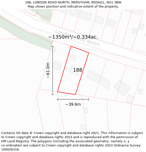 188, LONDON ROAD NORTH, MERSTHAM, REDHILL, RH1 3BW: Plot and title map