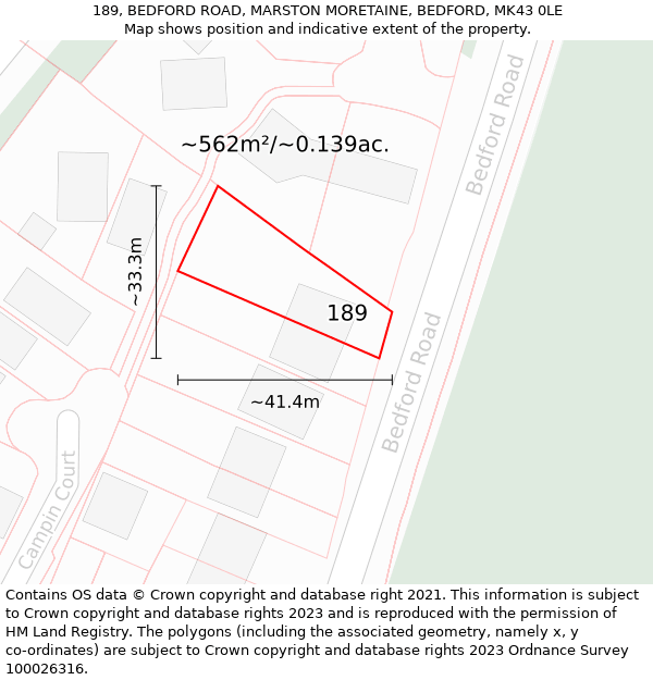 189, BEDFORD ROAD, MARSTON MORETAINE, BEDFORD, MK43 0LE: Plot and title map