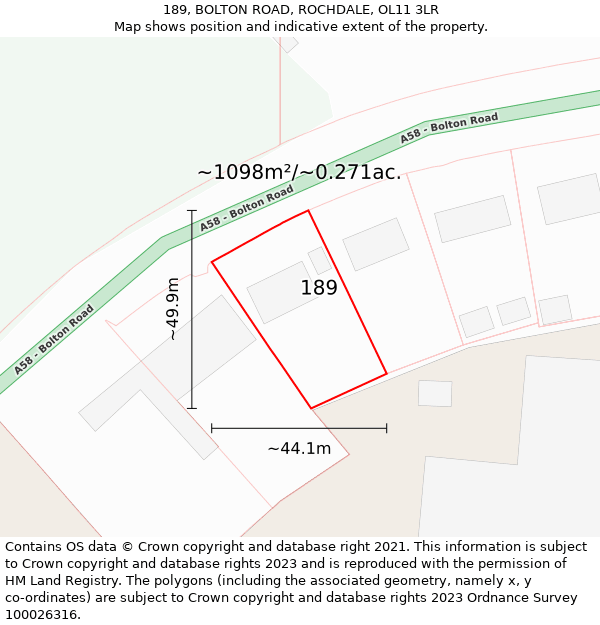 189, BOLTON ROAD, ROCHDALE, OL11 3LR: Plot and title map