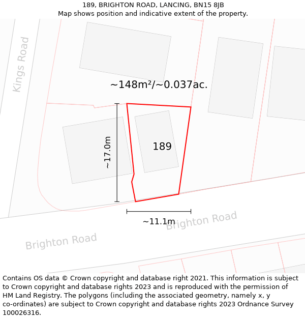 189, BRIGHTON ROAD, LANCING, BN15 8JB: Plot and title map