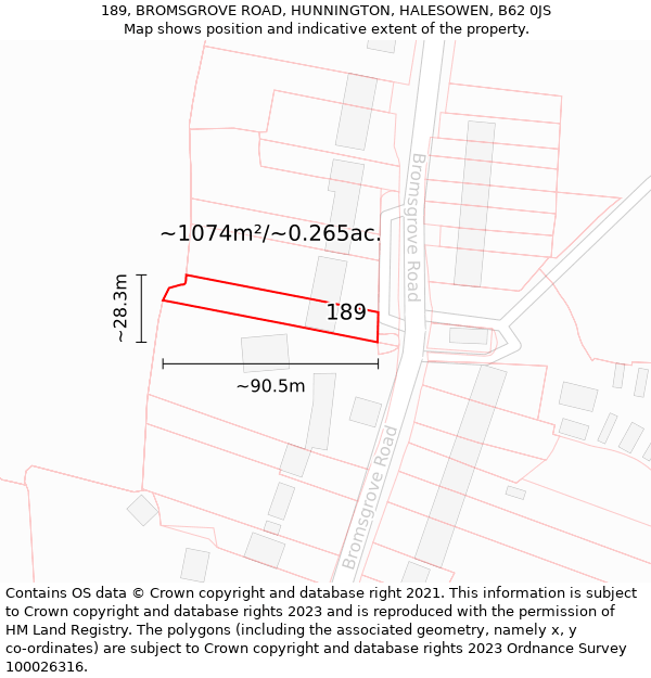 189, BROMSGROVE ROAD, HUNNINGTON, HALESOWEN, B62 0JS: Plot and title map