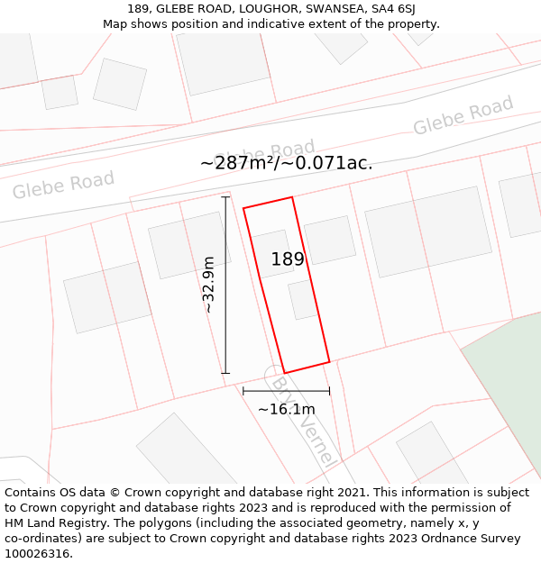 189, GLEBE ROAD, LOUGHOR, SWANSEA, SA4 6SJ: Plot and title map