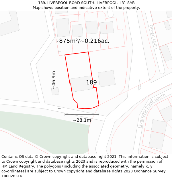 189, LIVERPOOL ROAD SOUTH, LIVERPOOL, L31 8AB: Plot and title map