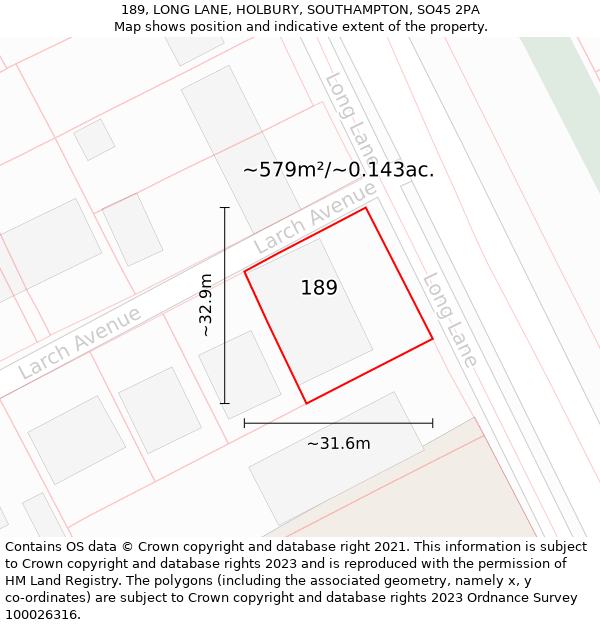 189, LONG LANE, HOLBURY, SOUTHAMPTON, SO45 2PA: Plot and title map