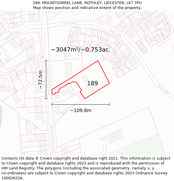 189, MOUNTSORREL LANE, ROTHLEY, LEICESTER, LE7 7PU: Plot and title map