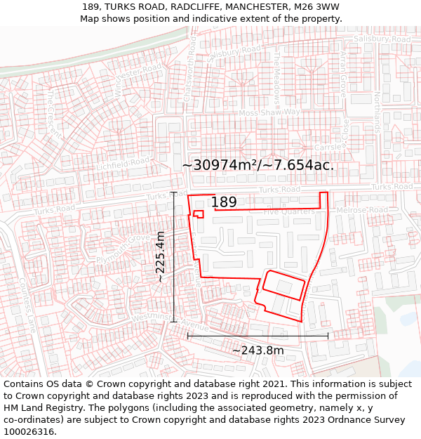 189, TURKS ROAD, RADCLIFFE, MANCHESTER, M26 3WW: Plot and title map