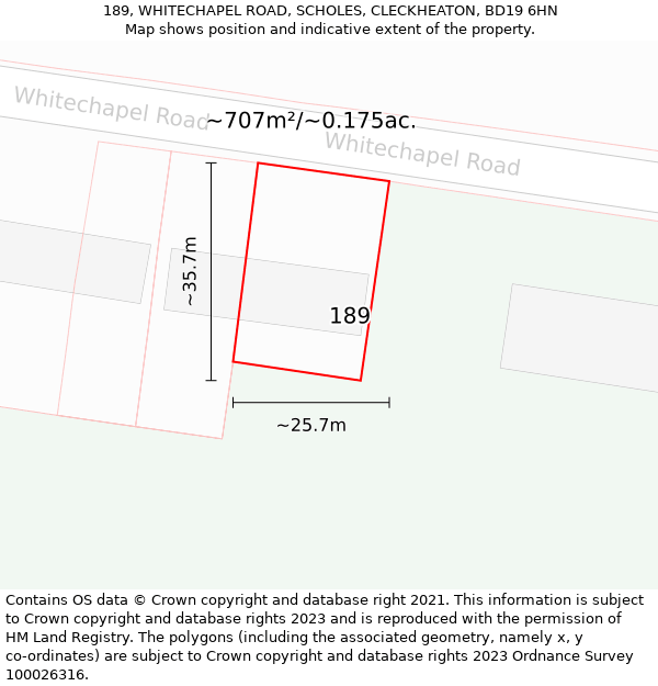 189, WHITECHAPEL ROAD, SCHOLES, CLECKHEATON, BD19 6HN: Plot and title map