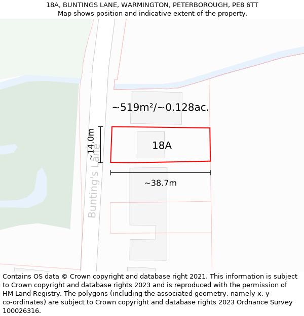 18A, BUNTINGS LANE, WARMINGTON, PETERBOROUGH, PE8 6TT: Plot and title map