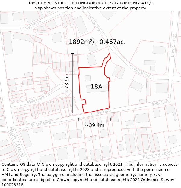 18A, CHAPEL STREET, BILLINGBOROUGH, SLEAFORD, NG34 0QH: Plot and title map