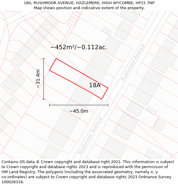 18A, RUSHMOOR AVENUE, HAZLEMERE, HIGH WYCOMBE, HP15 7NP: Plot and title map