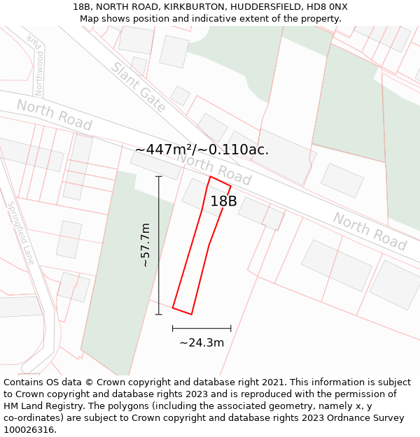 18B, NORTH ROAD, KIRKBURTON, HUDDERSFIELD, HD8 0NX: Plot and title map