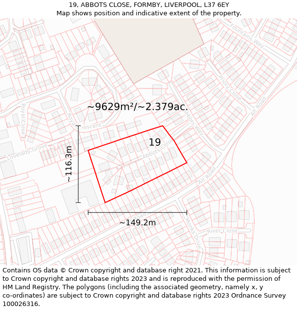 19, ABBOTS CLOSE, FORMBY, LIVERPOOL, L37 6EY: Plot and title map