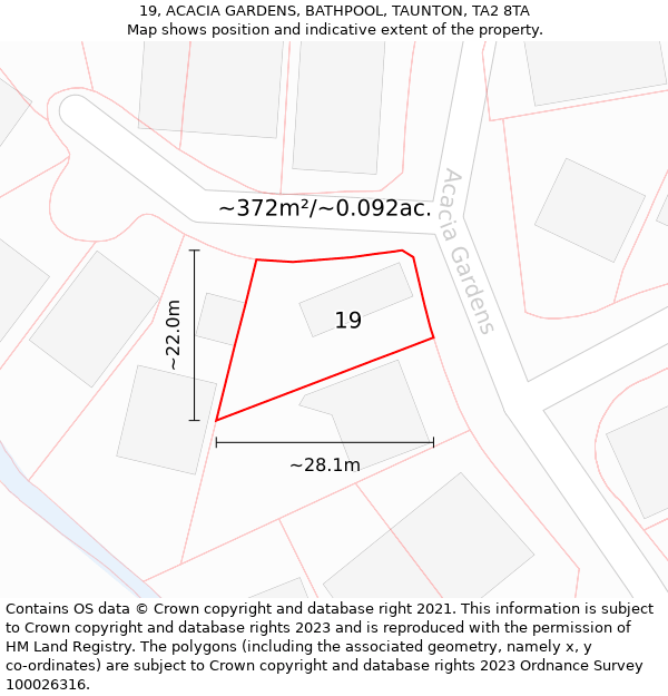 19, ACACIA GARDENS, BATHPOOL, TAUNTON, TA2 8TA: Plot and title map