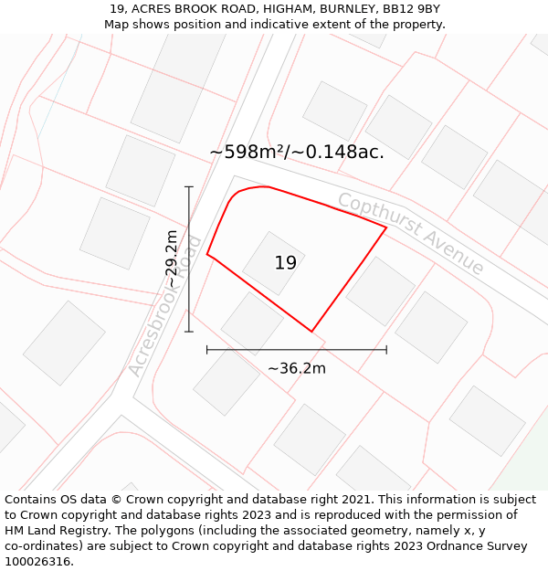 19, ACRES BROOK ROAD, HIGHAM, BURNLEY, BB12 9BY: Plot and title map