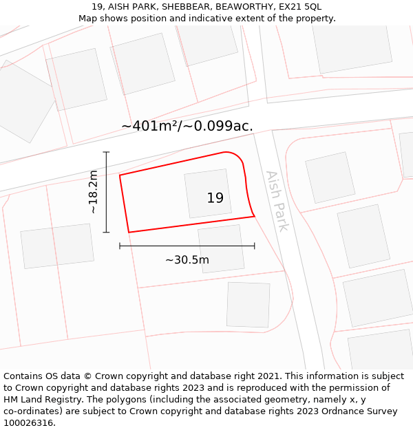 19, AISH PARK, SHEBBEAR, BEAWORTHY, EX21 5QL: Plot and title map